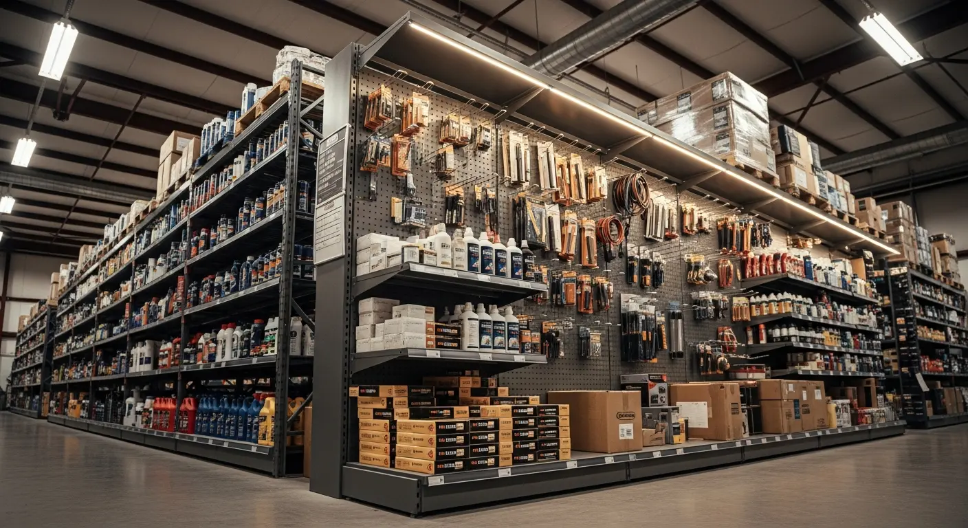 Aisles of auto body paint supplies inside the Paint Logic warehouse